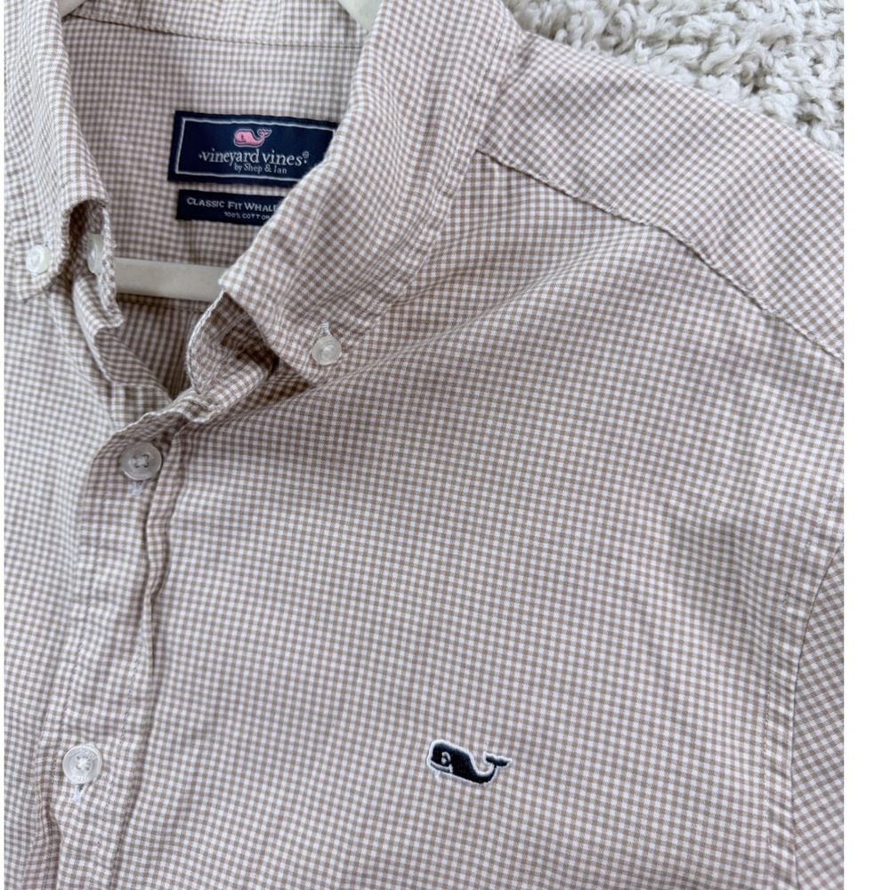 Mens Medium Vineyard Vines Button Down Shirt Cotton Tan Gingham Classic Whale